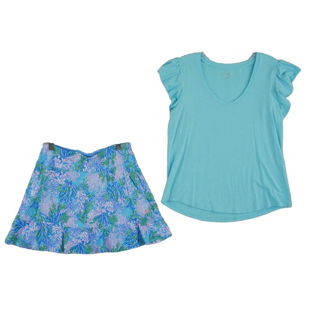 Lilly Pulitzer Top Luxletic Skort Set Women's Size Medium Blue Coral Ruffle Golf